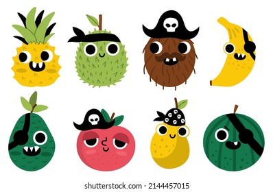 Vector funny kawaii fruit icons set. Pirate fruits illustration. Comic plants with eyes, pirate hat, eye patch, and mouth. Healthy summer food collection with banana, apple, pineapple
