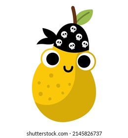 Vector funny kawaii pear icon. Pirate fruit illustration. Comic plant fruit with eyes, pirate hat and mouth isolated on white background. Healthy summer garden food clipart.
