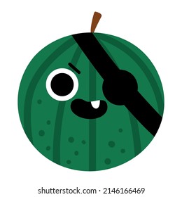 Vector funny kawaii watermelon icon. Pirate fruit or berry illustration. Comic plant fruit with eyes, eye patch and mouth isolated on white background. Healthy summer food clipart.
