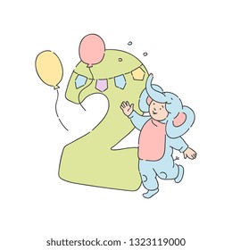 Vector funny kid in elephant fancy costume near two 2 holiday number with buntings, balloons and confetti. Children education, symbol for birthday party celebration design decoration