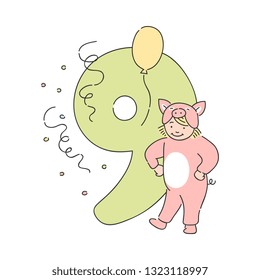 Vector funny kid in pig fancy costume near nine 9 holiday number with balloons and confetti. Children education, symbol for birthday party celebration design decoration