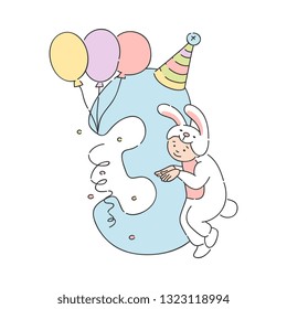Vector funny kid in rabbit fancy costume near three 3 holiday number in party hat with buntings, balloons and confetti. Children education, symbol for birthday party celebration design decoration