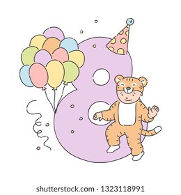 Vector funny kid in tiger fancy costume near eight 8 holiday number in party hat, balloons and confetti. Children education, symbol for birthday party celebration design decoration