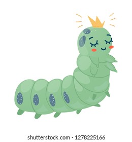 vector funny kids green caterpillar with crown on isolated white  background