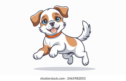 Vector divertido amable juguetón saltando pequeño lindo hermoso cachorro blanco y rojo. Amigable mascota doméstica. Joven perrito. Perro pedigree. Fondo aislado.