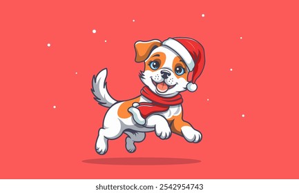 Vector funny kind playful jumping little cute beautiful white ginger cartoon puppy in a red scarf and Santa Claus hat. Friendly doggy. Domestic young purebred pet. Merry Christmas and Happy New Year.