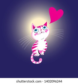Vector funny kitten in love with a heart on a glowing background