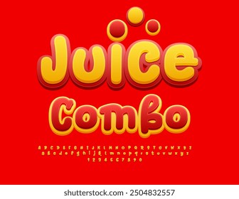 Vector funny label Juice Combo. Yellow and Red Bright Font. Creative handwritten Alphabet Letters and Numbers set.