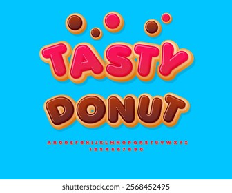 Vector funny label Tasty Donut. Chocolate Sweet Font. Cake style Alphabet Letters and Numbers set