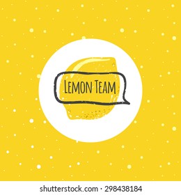 Vector funny lemon logo in trendy hand drawn doodle style with text bubble. Cute lemon logotype on bright yellow background with dots pattern.