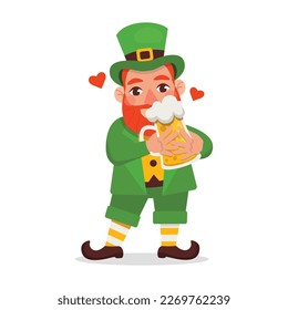 Vector funny leprechaun drinks light beer. St.Patrick 's Day.