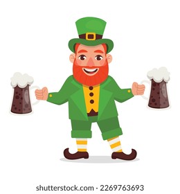 Vector funny Leprechaun holds two glasses of dark beer. St.Patrick 's Day.