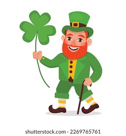 Vector funny Leprechaun walks with a cane and a big shamrock. St.Patrick 's Day.