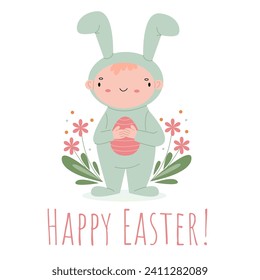 vector funny liitle boy wearing like Easter rabbit holding an egg