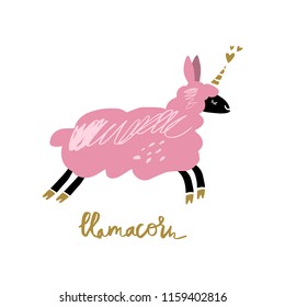 Vector funny llama-unicorn art, magical beast, fantasy creature. Nursery decorative poster, card, t-shirt and other.