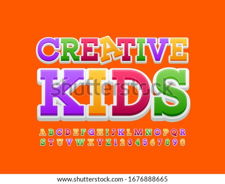 Vector funny logo Creative Kids. Cute colorful Font. Bright Alphabet Letters and Numbers.