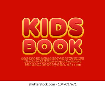 El logo divertido Vector Kids Book con fuente de moda. Letras, números y símbolos de alfabeto rojo y amarillo recortado