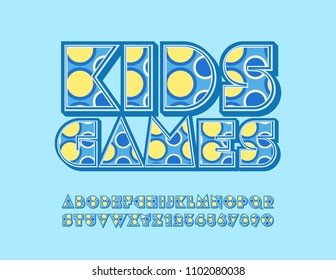 Vector funny logo Kids Games. Font with colorful circles pattern. Blue and yellow Alphabet Letters, Numbers and Symbols
