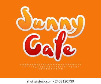 Vector funny logo Sunny Cafe. Orange Sticker Font. Modern Playful Alphabet Letters and Numbers set.