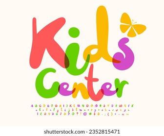 Vector funny logotype Kids Center. Bright Artistic Font. Colorful set of Alphabet Letters, Numbers and Symbols