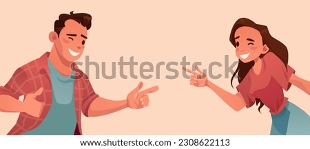 Vector of a funny looking young woman and a man joking with each other, laughing 