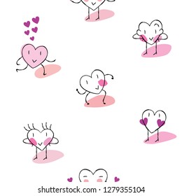 Vector funny lovely charming and cute positive hearts characters. Seamless pattern