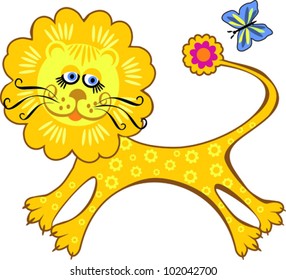 Vector Funny Male Lion on While Background with Butterfly