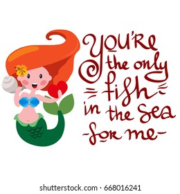 Vector funny mermaid with shall and heart in hands. Design for summer banner or poster. Illustration isolated on white background with place for text