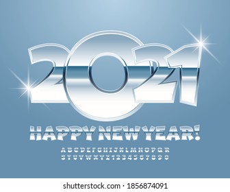 Tarjeta de saludo de metal divertido vector Feliz Año Nuevo 2021! Fuente brillante plateada. Juego cromado de letras y números de alfabeto