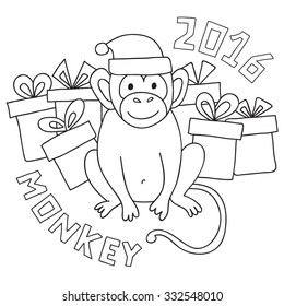 Vector funny monkey, illustration coloring page of happy monkey for children. Postcard Happy New Year 2016. Year of the Monkey