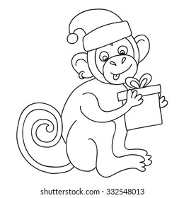 Vector funny monkey, illustration coloring page of happy monkey for children. Postcard Happy New Year 2016. Year of the Monkey