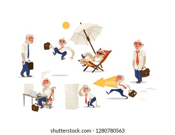 Vector funny monkey office character set. Primates standing with suitcase, sitting at workplace smoking like a boss, puzzled with papers heap, happily going to vacation. Isolated illustration