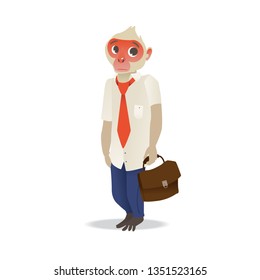 Vector funny monkey office character. Cute ape in office suit standing with sad facial expression holding suitcase. Clerk animal manager isolated