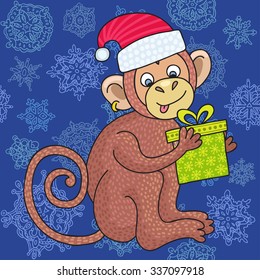 Vector funny monkey on the blue background of snowflakes, illustration happy monkey for children. Postcard Happy New Year 2016. Year of the Monkey