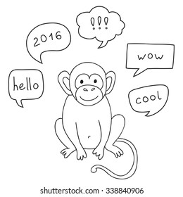 Vector Funny Monkey With Speech Bubble. Illustration card with hand drawn monkey and bubble speech. You can put your own text on speech bubble or sign board.