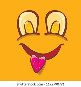 vector funny monster face isolated on orange background. cartoon monster smiling face with big eyes, mouth and tongue sticking out for kids background, banners and greeting cards. selfie mask
