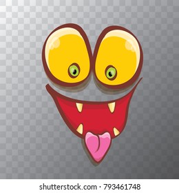 vector funny monster face isolated on transparent background. cartoon monster smiling face with big eyes, mouth and tongue sticking out for kids background, banners and greeting cards. selfie mask