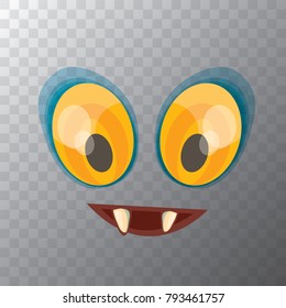vector funny monster face isolated on transparent background. cartoon monster smiling face with big eyes and mouth for kids background, banners and greeting cards. selfie mask