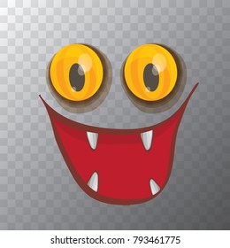 vector funny monster face isolated on transparent background. cartoon monster smiling face with big eyes and mouth for kids background, banners and greeting cards. selfie mask