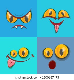 vector funny monster face set isolated on blue background. cartoon monster smiling faces with big orange eyes, mouth and teeth