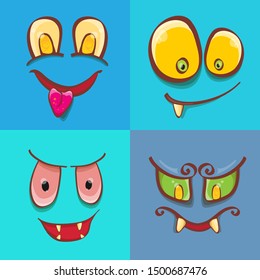 vector funny monster face set isolated on blue background. cartoon monster smiling faces with big orange eyes, mouth and teeth