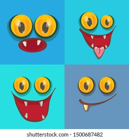 vector funny monster face set isolated on blue background. cartoon monster smiling faces with big orange eyes, mouth and teeth