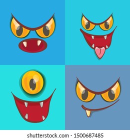 vector funny monster face set isolated on blue background. cartoon monster smiling faces with big orange eyes, mouth and teeth