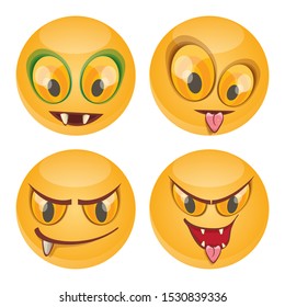 vector funny monster face set isolated on orange background. cartoon monster smiling round faces with big orange eyes, mouth and teeth