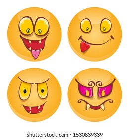 vector funny monster face set isolated on orange background. cartoon monster smiling round faces with big orange eyes, mouth and teeth