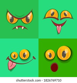 vector funny monster face set isolated on a green background. cartoon monster smiling faces with big orange eyes, mouth and teeth. Halloween monster set