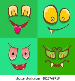 vector funny monster face set isolated on a green background. cartoon monster smiling faces with big orange eyes, mouth and teeth. Halloween monster set