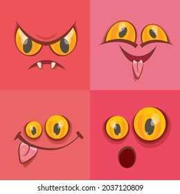 vector funny monster face set isolated on a pink background. cartoon monster smiling faces with big orange eyes, mouth and teeth. Halloween monster set
