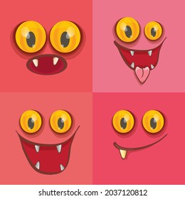 vector funny monster face set isolated on a pink background. cartoon monster smiling faces with big orange eyes, mouth and teeth. Halloween monster set