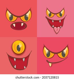 vector funny monster face set isolated on a pink background. cartoon monster smiling faces with big orange eyes, mouth and teeth. Halloween monster set